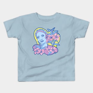 Blue Girl With Pastel Blossoms on a Yellow Sky Kids T-Shirt